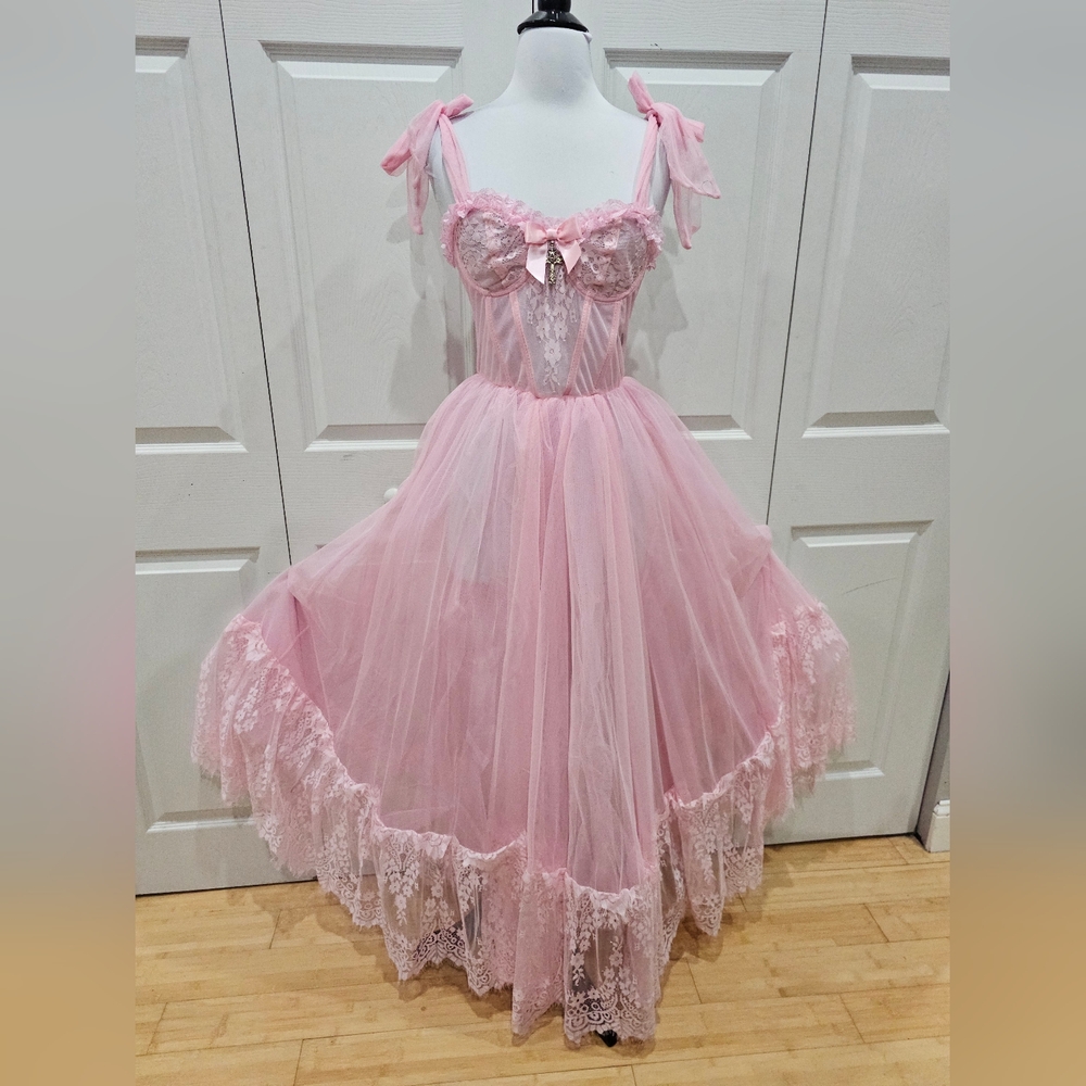 ~SOLD~Dolls Kill Widow Dance With Death Sleeveless Maxi Pink Tulle Lace Dress XS - Picture 5 of 10